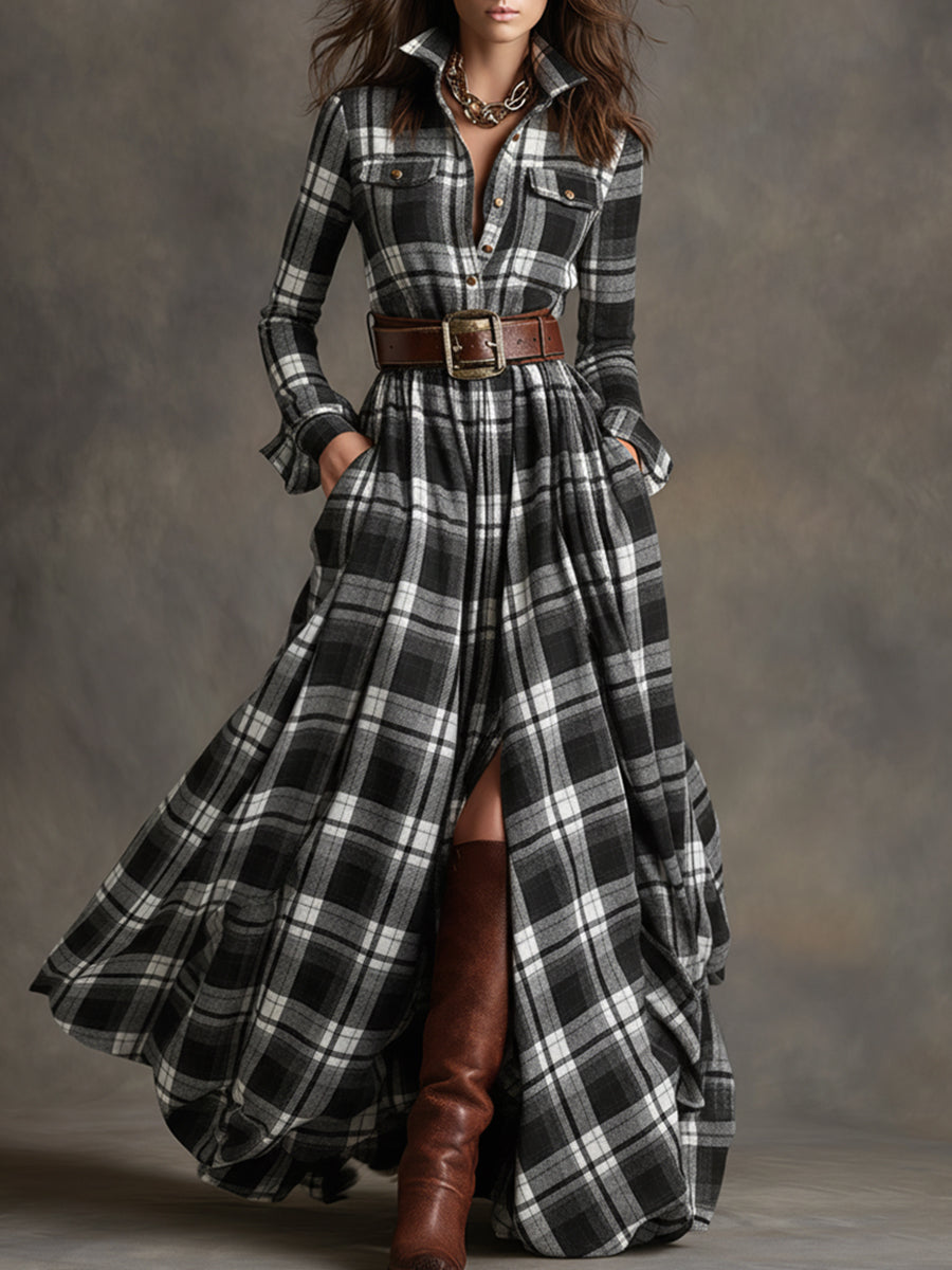 Women's Checked Maxi Dress with Buttons