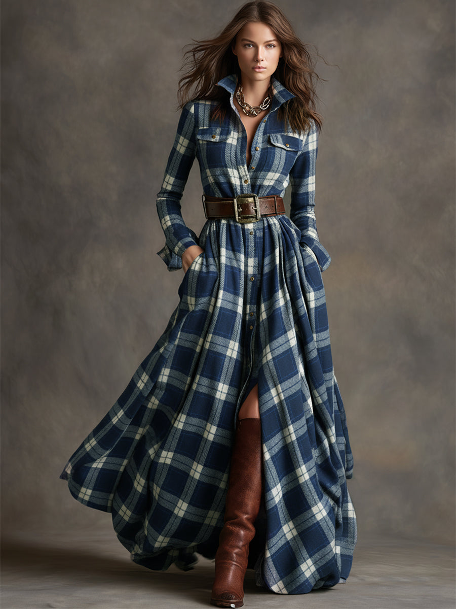 Women's Checked Maxi Dress with Buttons