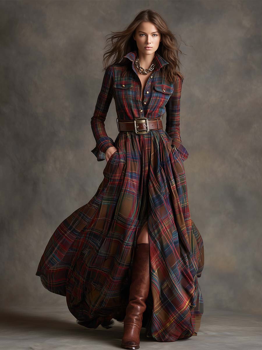Women's Checked Maxi Dress with Buttons