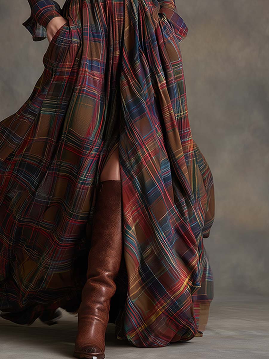 Women's Checked Maxi Dress with Buttons