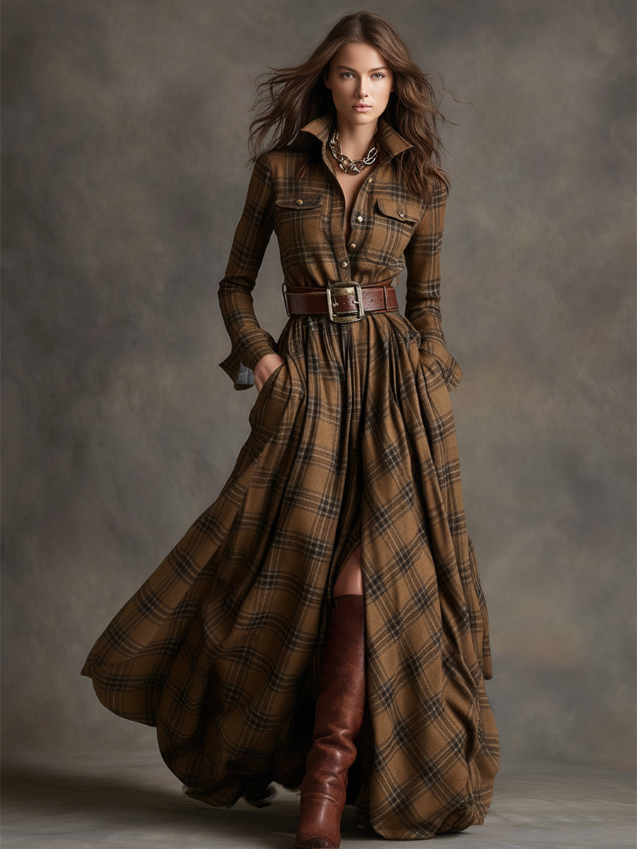 Women's Checked Maxi Dress with Buttons