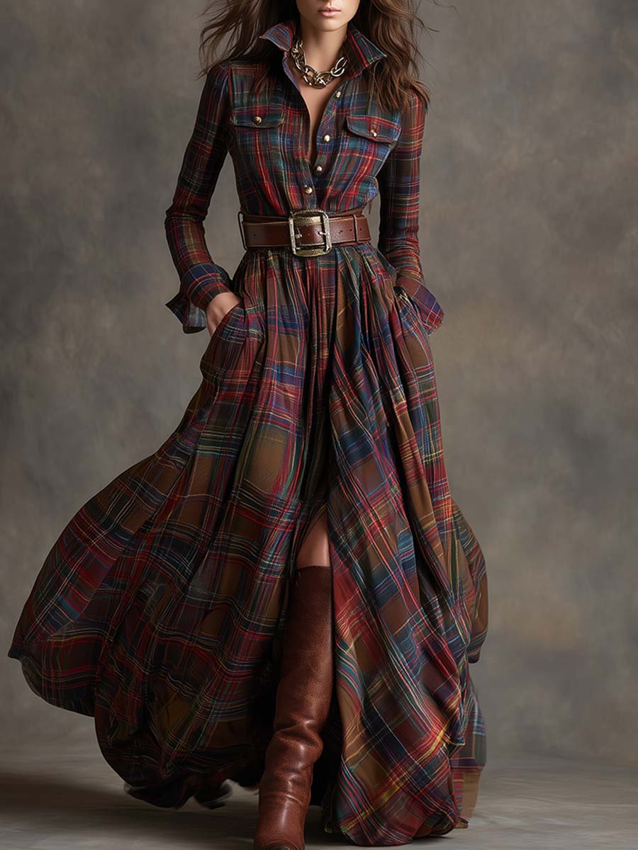 Women's Checked Maxi Dress with Buttons