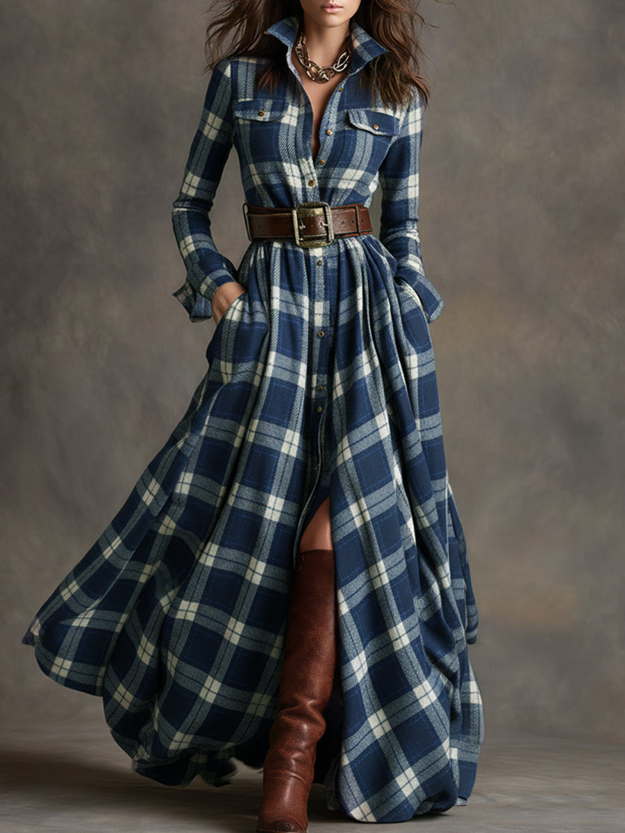 Women's Checked Maxi Dress with Buttons