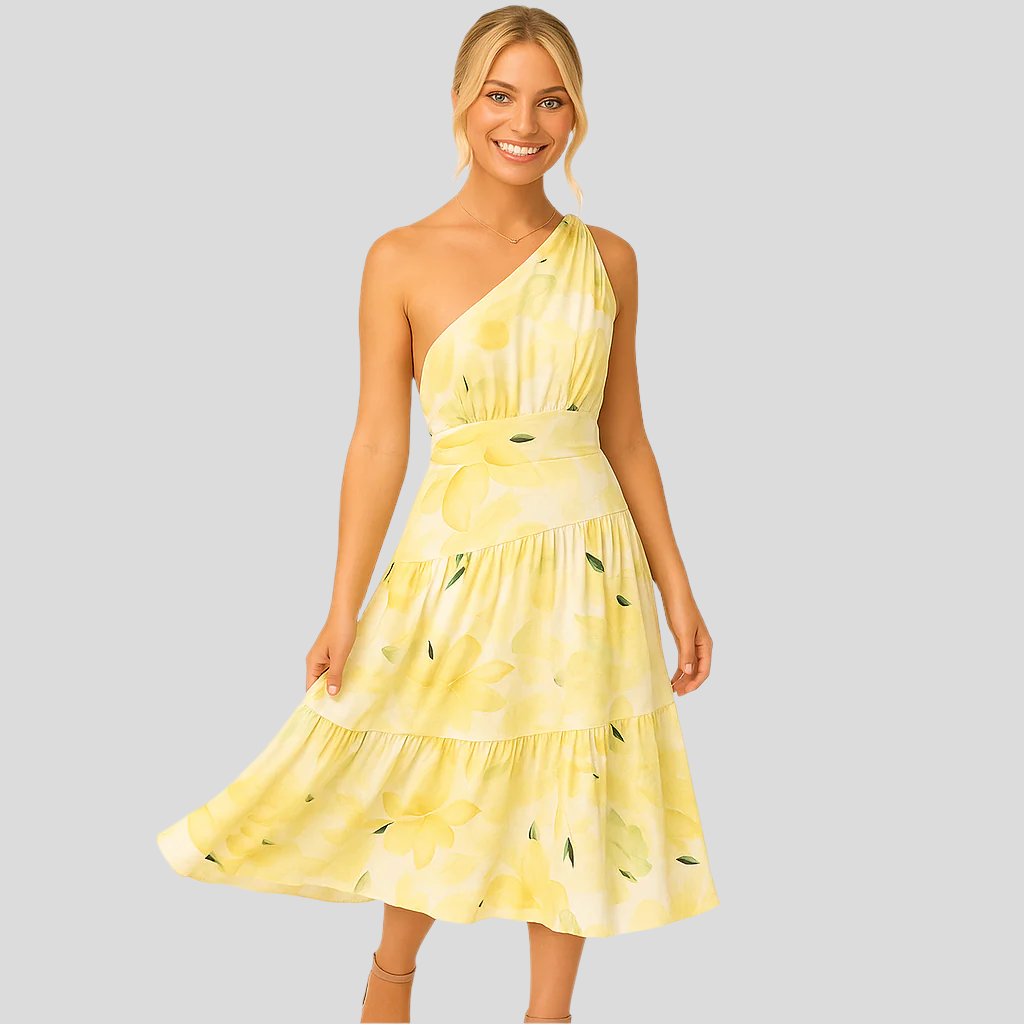 Ladies Floral One-Shoulder A-Line Midi Dress