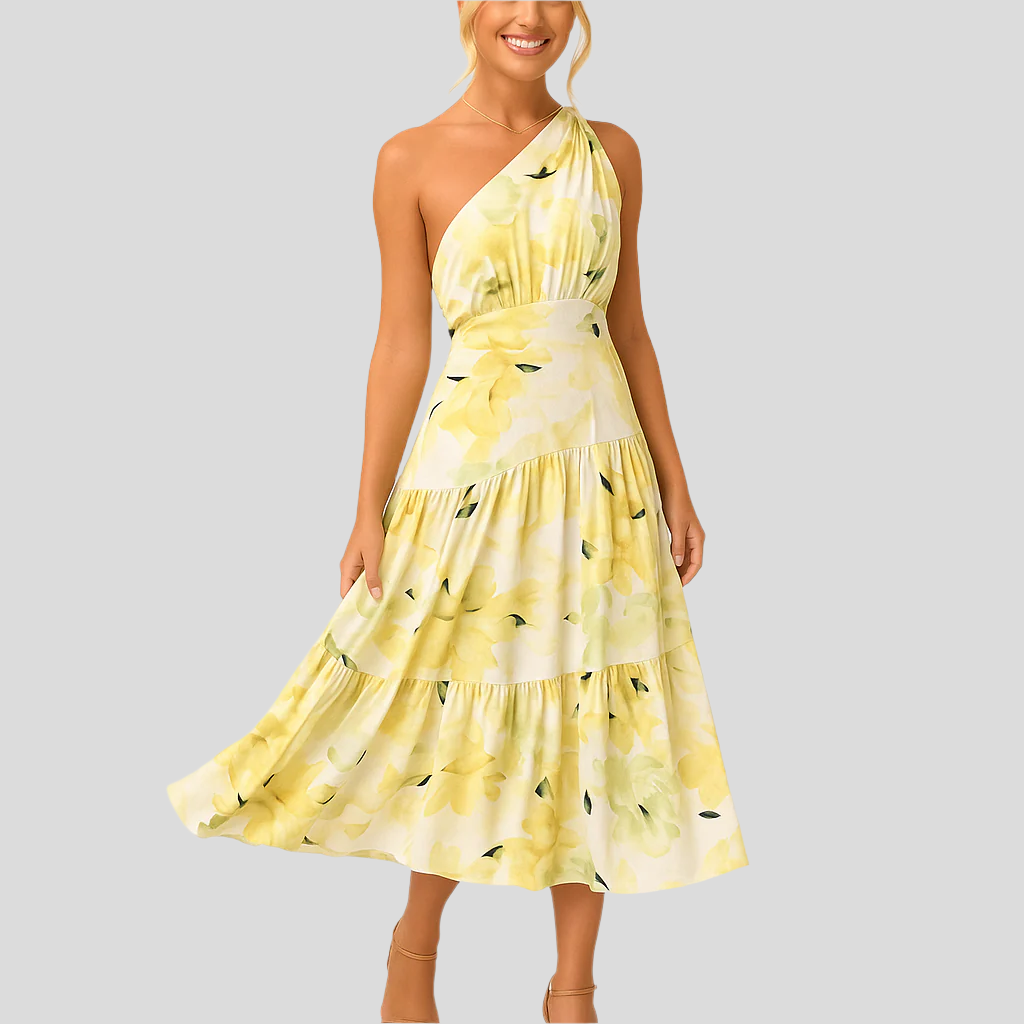Ladies Floral One-Shoulder A-Line Midi Dress
