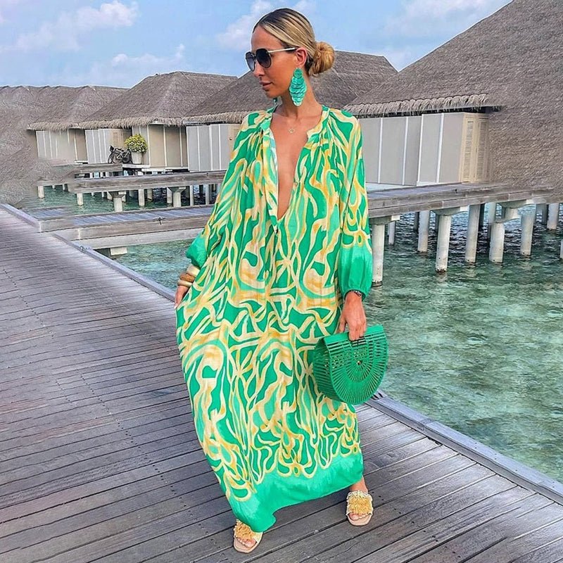 Ladies' Maxi Dress with Long Sleeves and Print