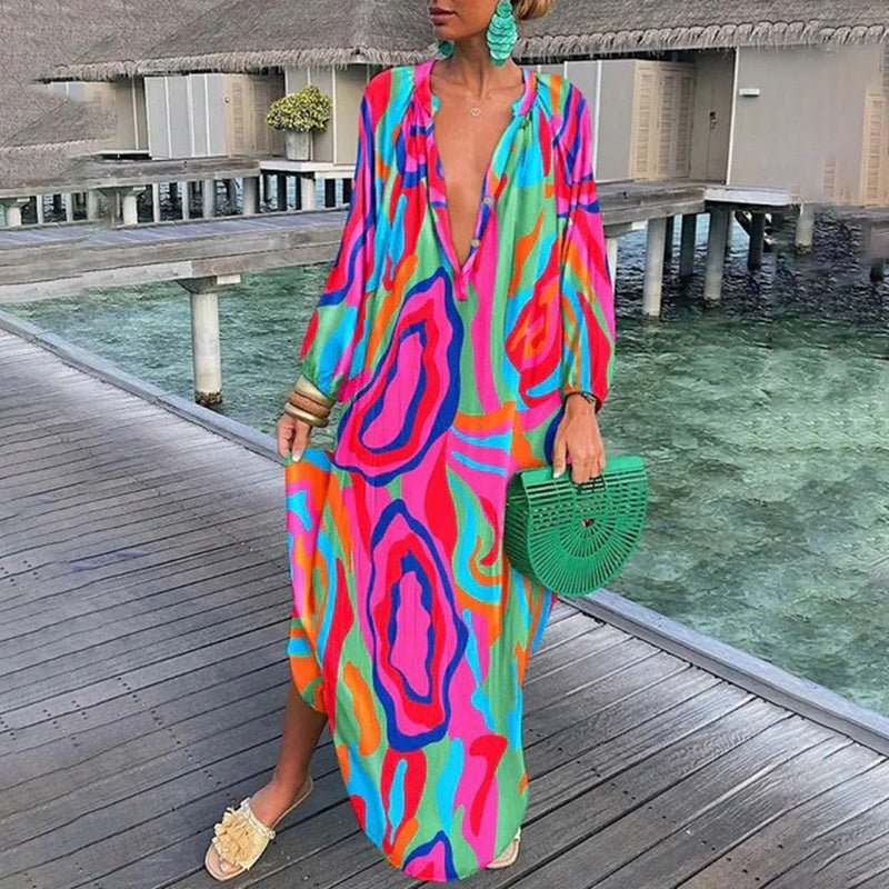 Ladies' Maxi Dress with Long Sleeves and Print
