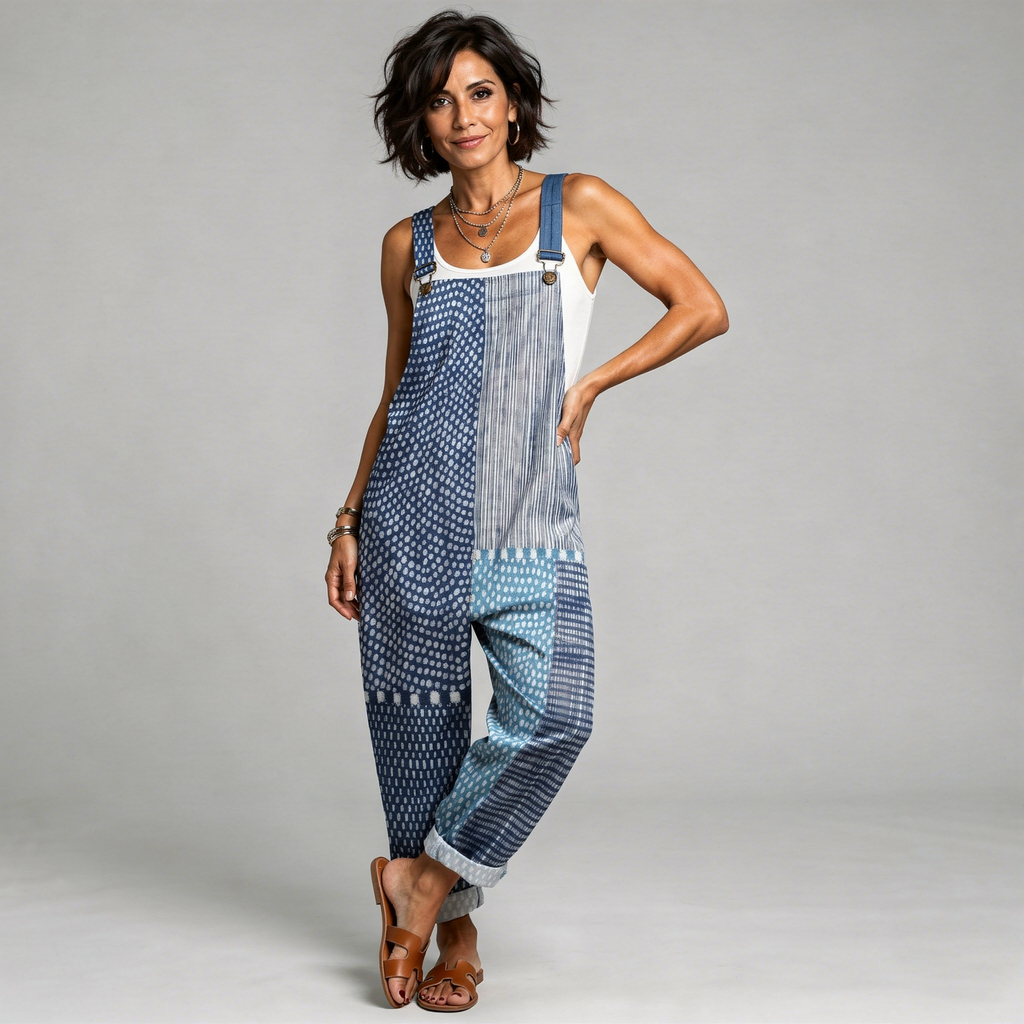 Boho Patchwork Dungarees in Blue
