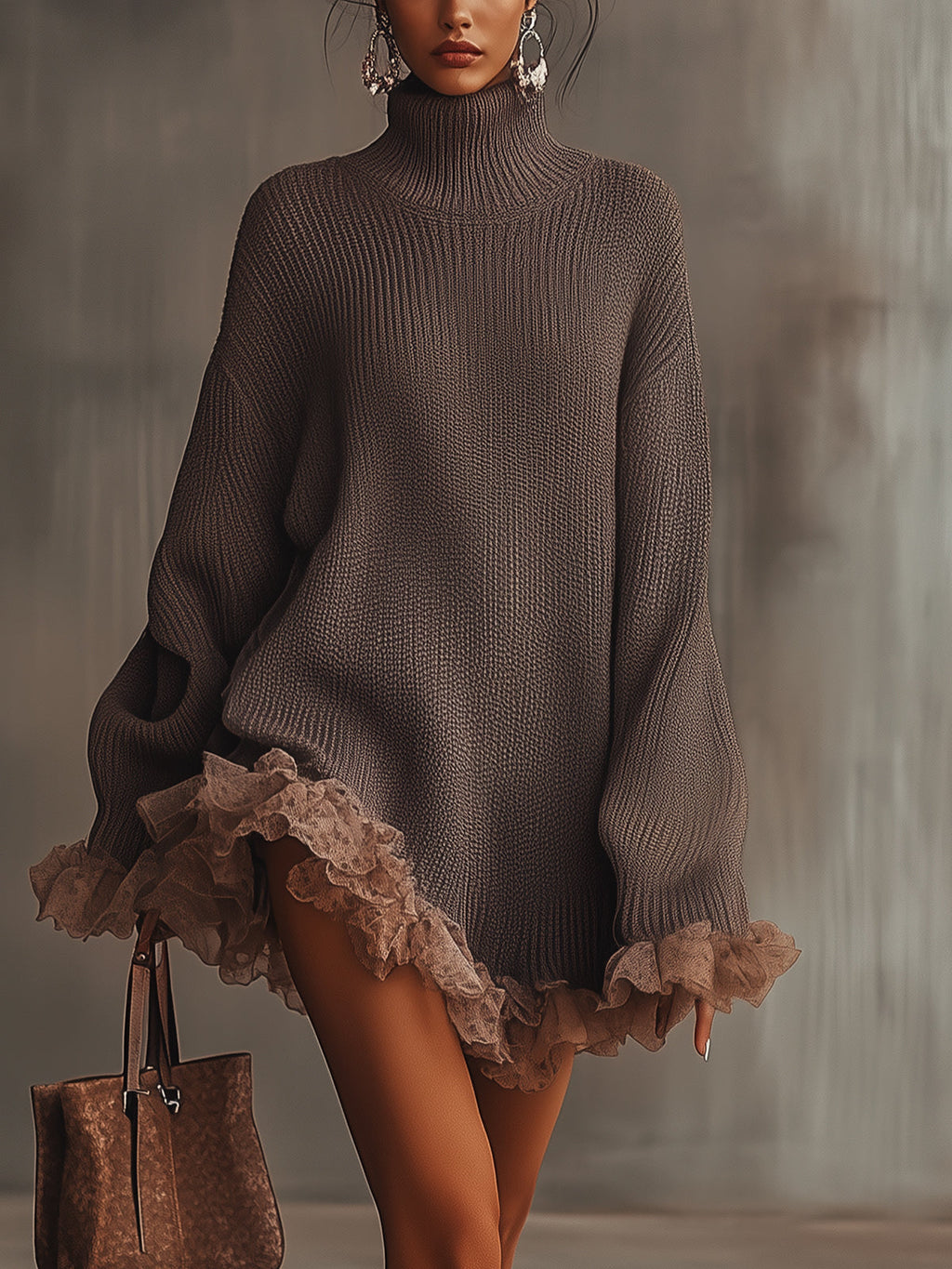 Ladies' Mini Sweater Dress with Ruffles and Collar