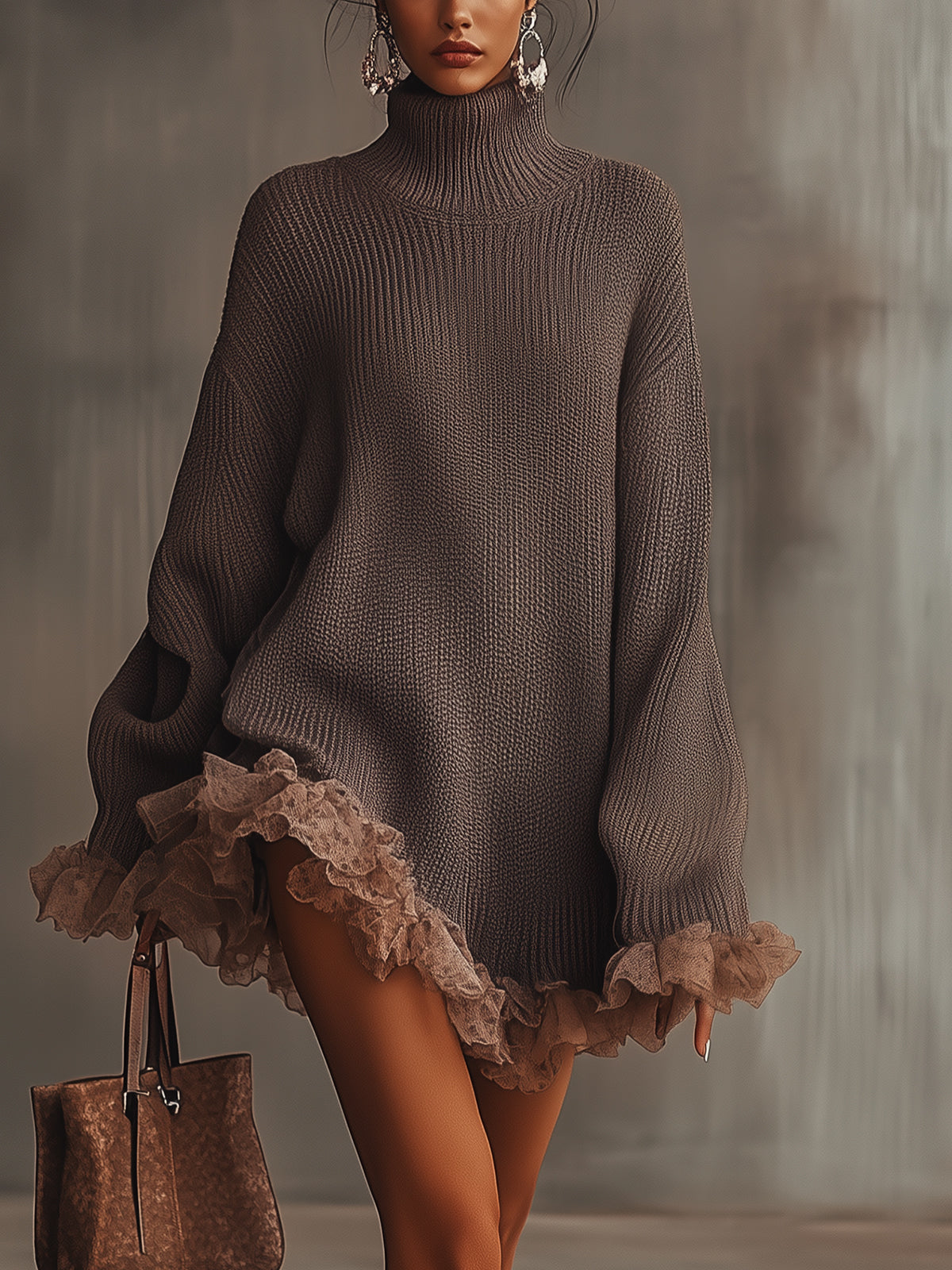 Ladies' Mini Sweater Dress with Ruffles and Collar