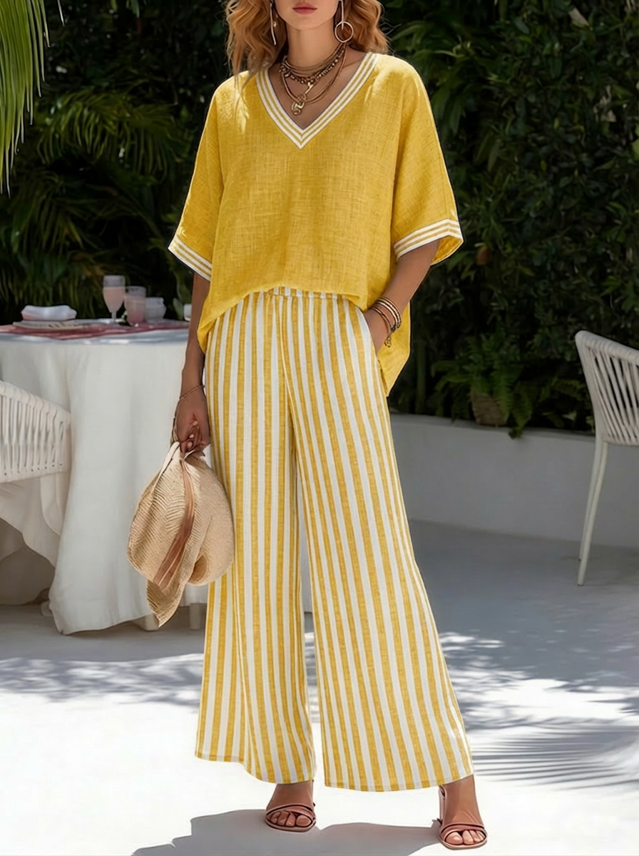TWO-PIECE SET WITH V-NECK TOP AND WIDE TROUSERS FOR WOMEN