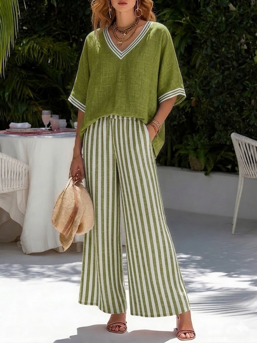 TWO-PIECE SET WITH V-NECK TOP AND WIDE TROUSERS FOR WOMEN