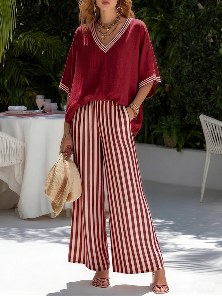 TWO-PIECE SET WITH V-NECK TOP AND WIDE TROUSERS FOR WOMEN