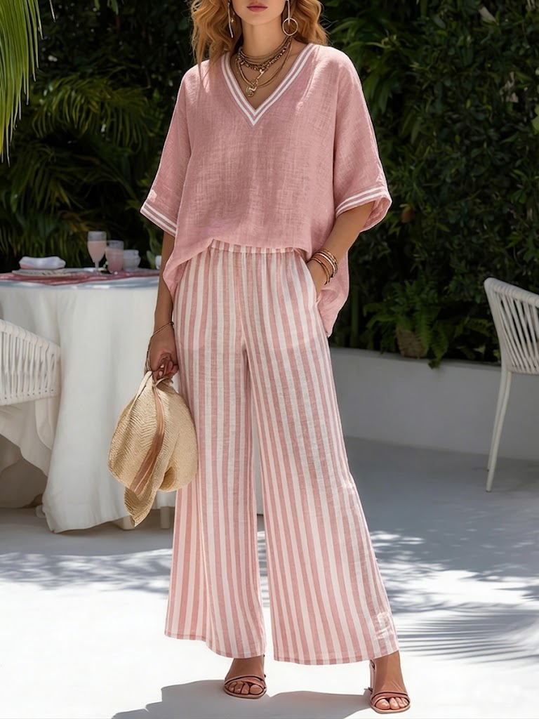TWO-PIECE SET WITH V-NECK TOP AND WIDE TROUSERS FOR WOMEN