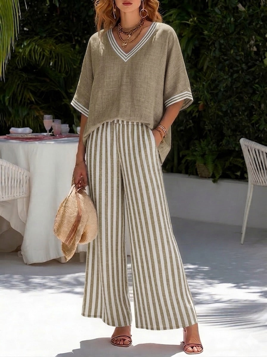 TWO-PIECE SET WITH V-NECK TOP AND WIDE TROUSERS FOR WOMEN