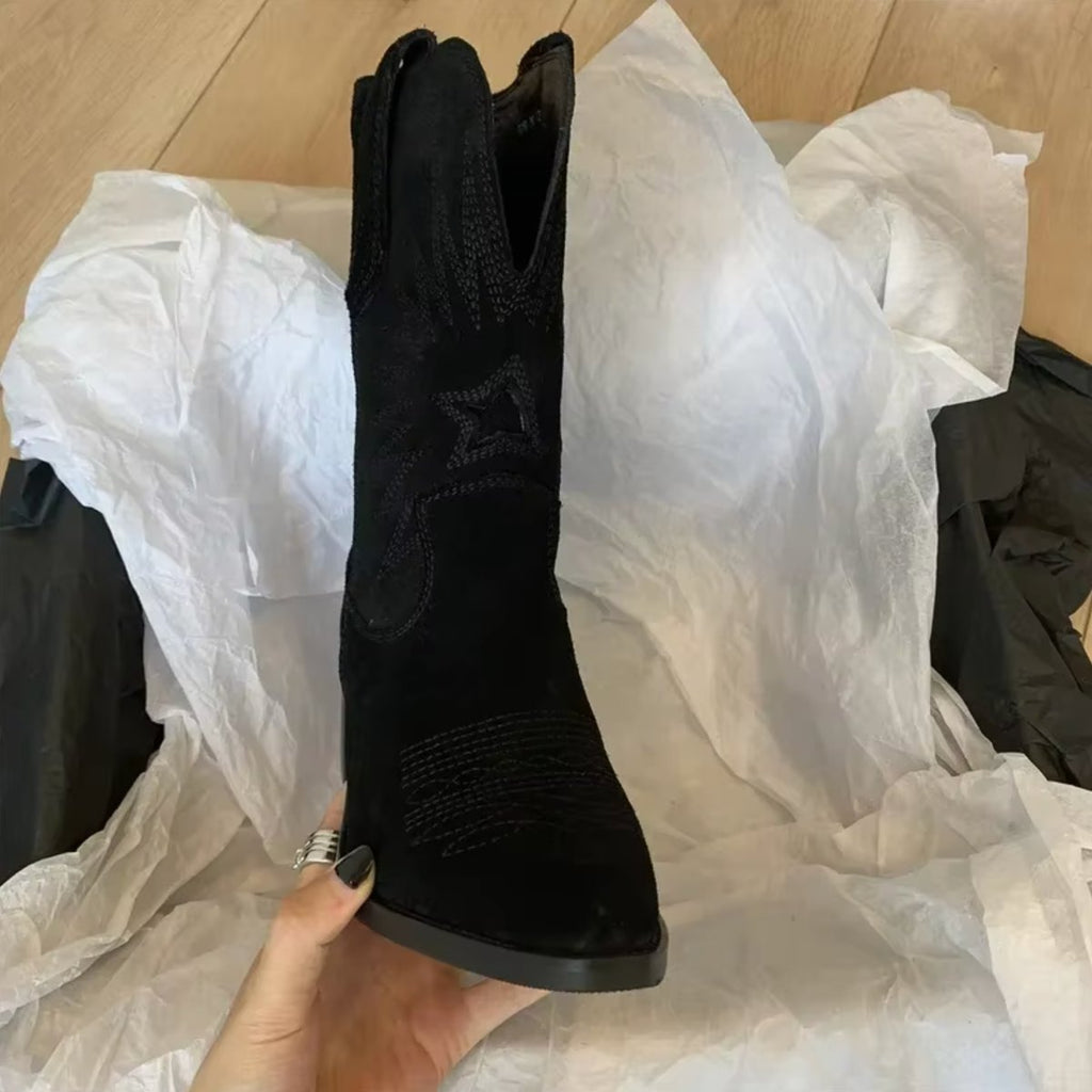 Charlotte | Women's Embroidered Suede Cowboy Boots with Pointed Toe