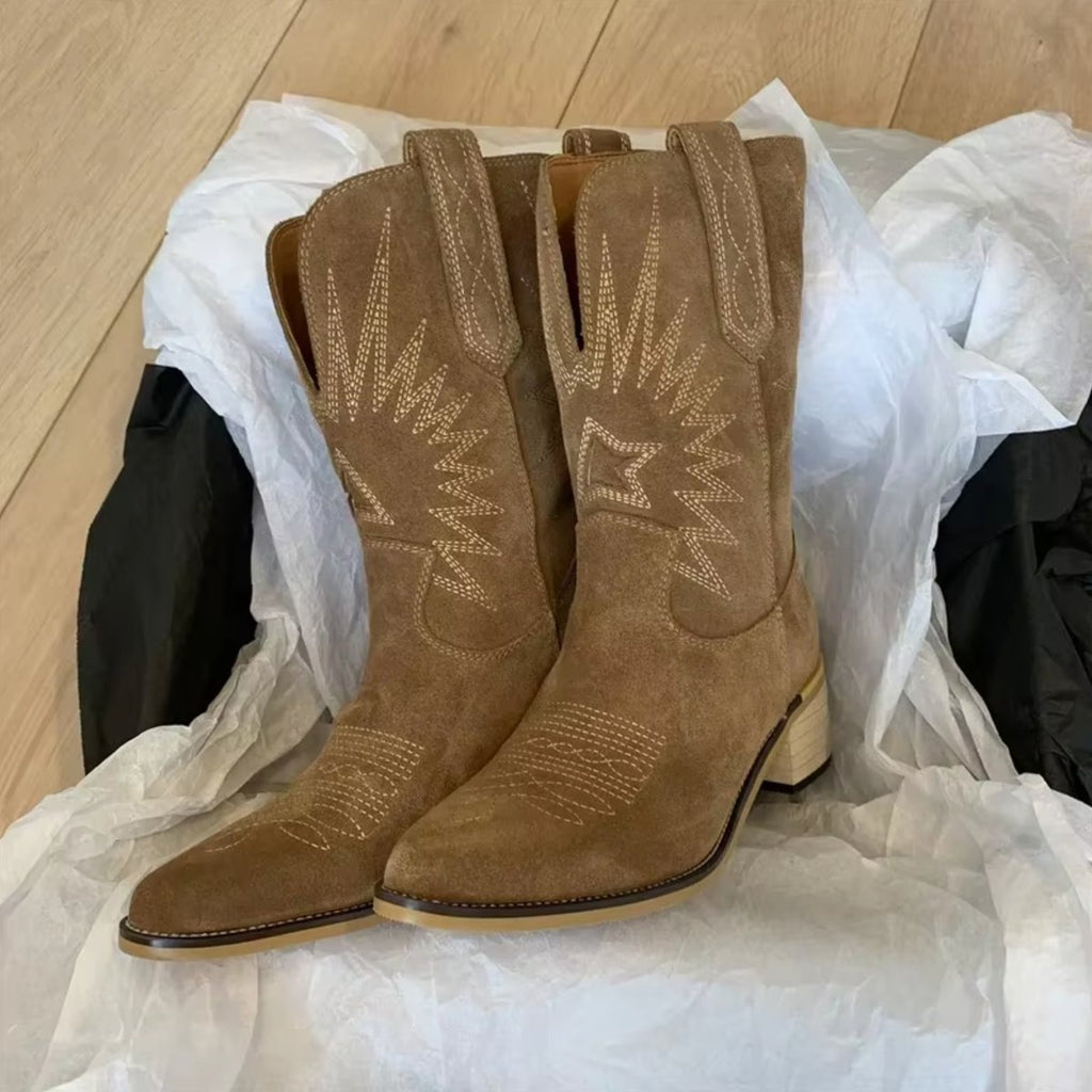 Charlotte | Women's Embroidered Suede Cowboy Boots with Pointed Toe