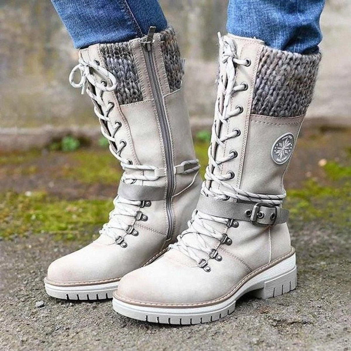 Hannah | Women's Waterproof Lace-Up Boots with Synthetic Leather and Knitted Shaft Buckle