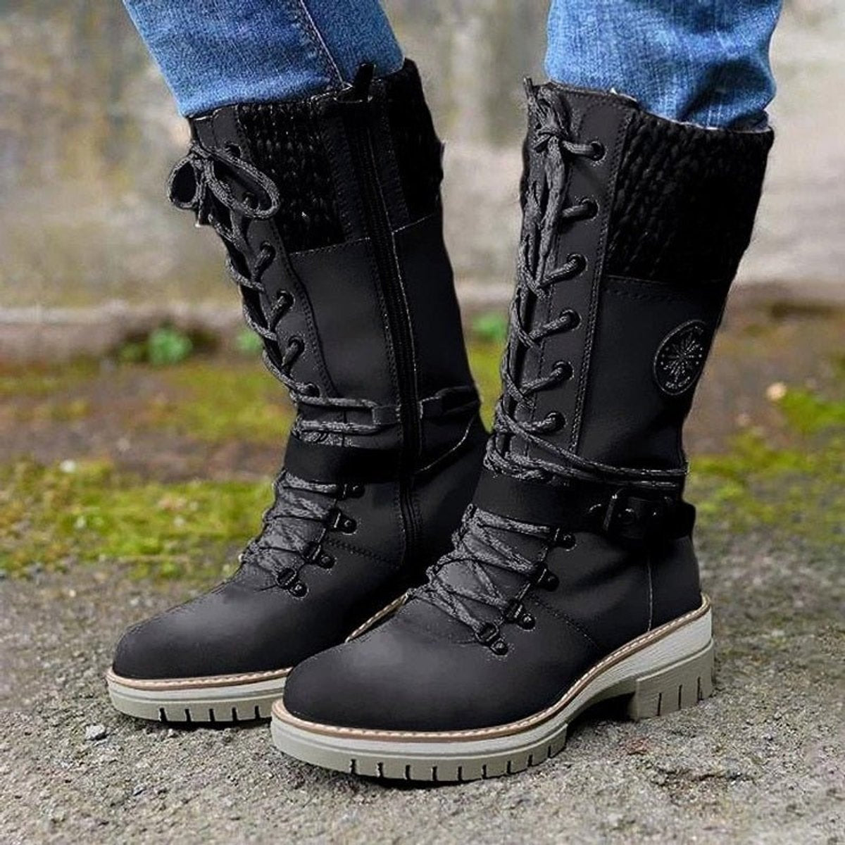 Hannah | Women's Waterproof Lace-Up Boots with Synthetic Leather and Knitted Shaft Buckle