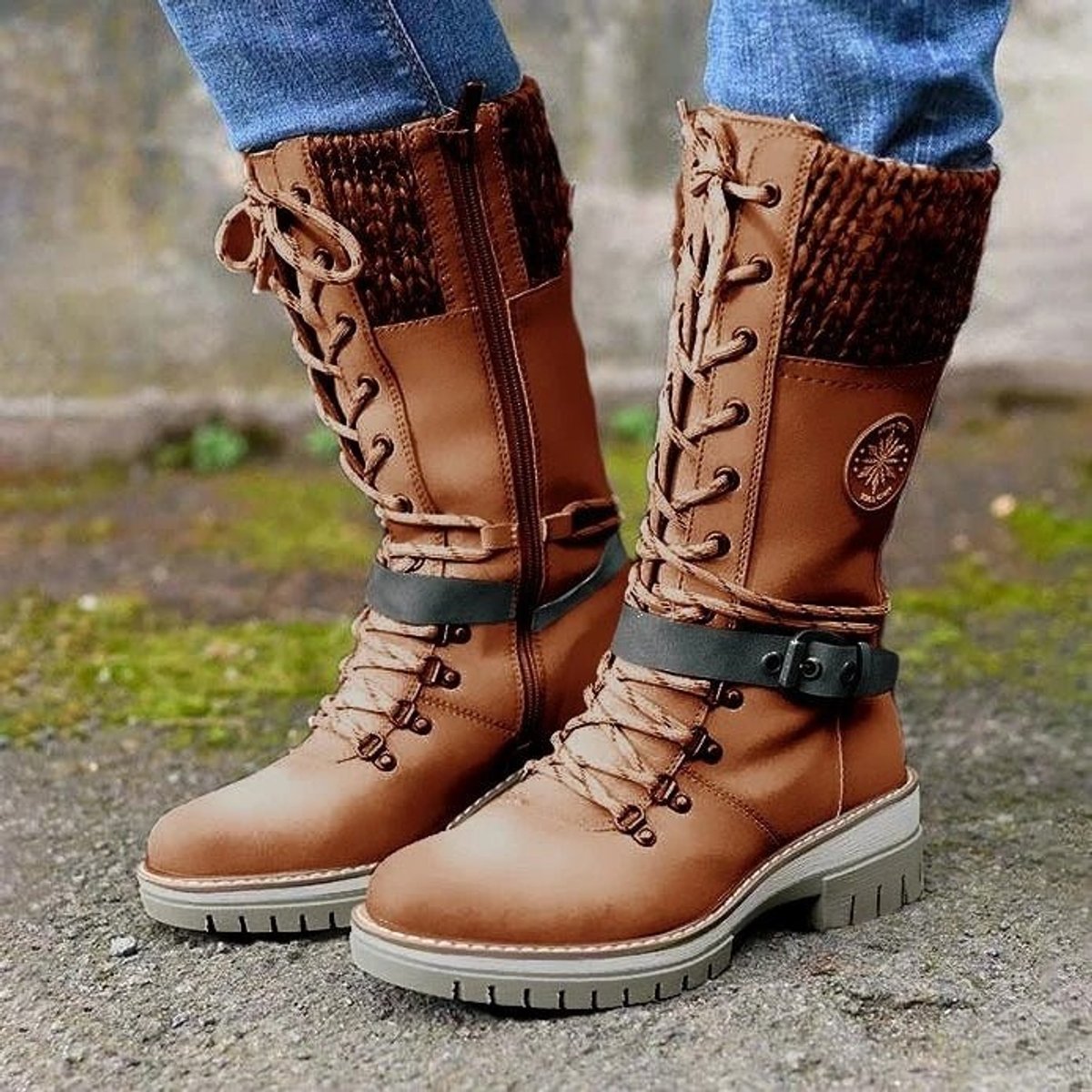 Hannah | Women's Waterproof Lace-Up Boots with Synthetic Leather and Knitted Shaft Buckle