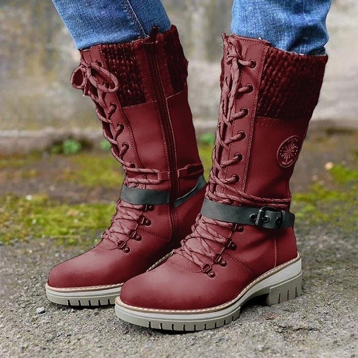 Hannah | Women's Waterproof Lace-Up Boots with Synthetic Leather and Knitted Shaft Buckle