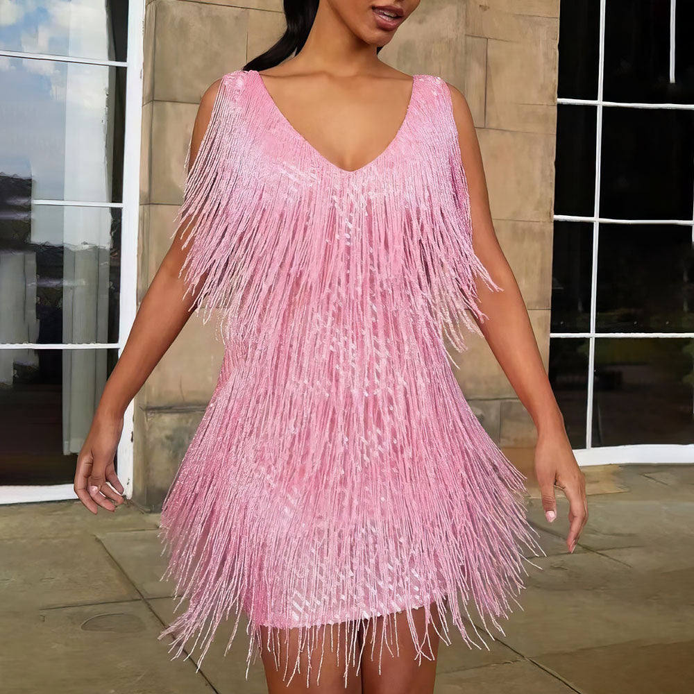 Ladies' Fringed V-Neck Mini Dress