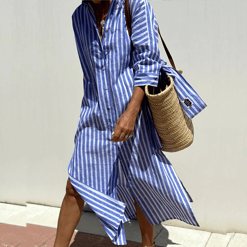 Women's Striped Midi Dress with Buttons