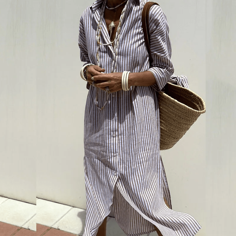Women's Striped Midi Dress with Buttons