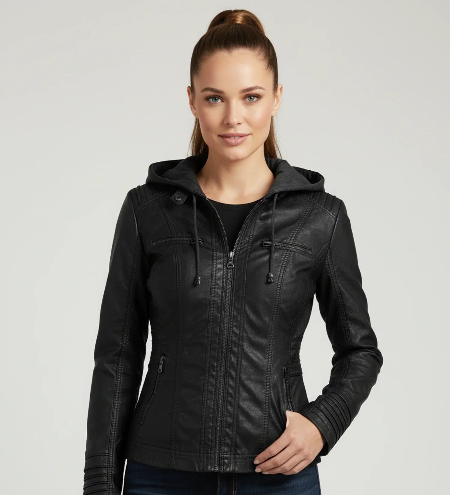 Ladies Fitted Hooded Motorcycle Jacket