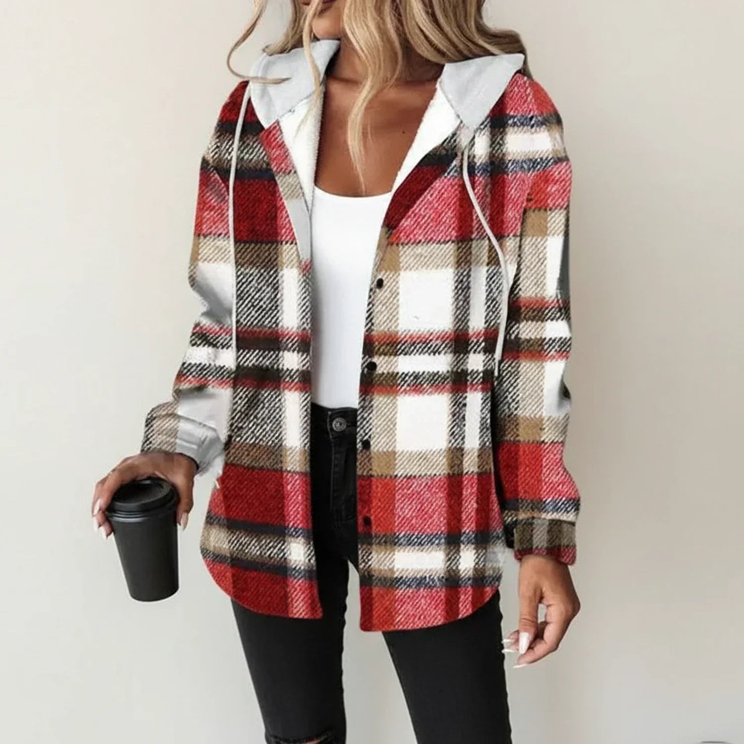 Ladies' Winter Check Hooded Shirt Jacket