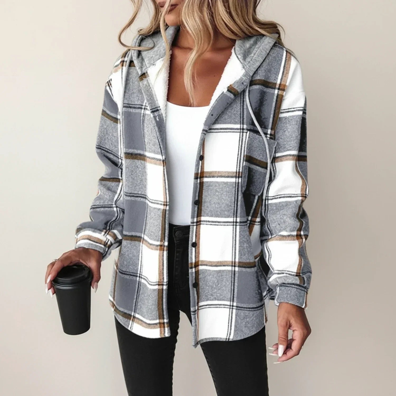 Ladies' Winter Check Hooded Shirt Jacket