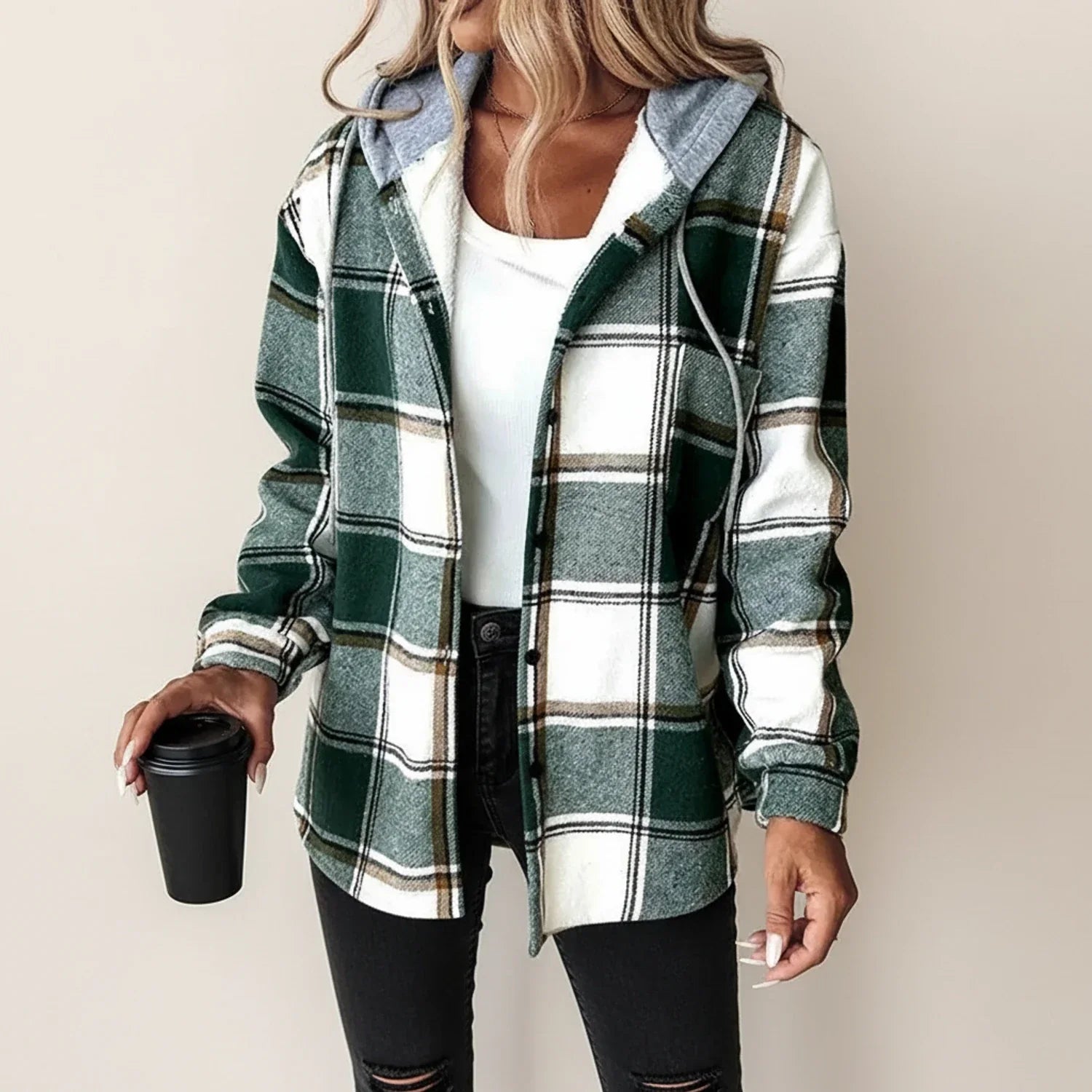 Ladies' Winter Check Hooded Shirt Jacket