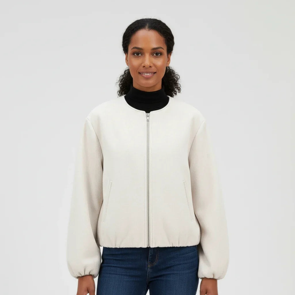 Women's Bomber Jacket with Balloon Sleeves and Zip