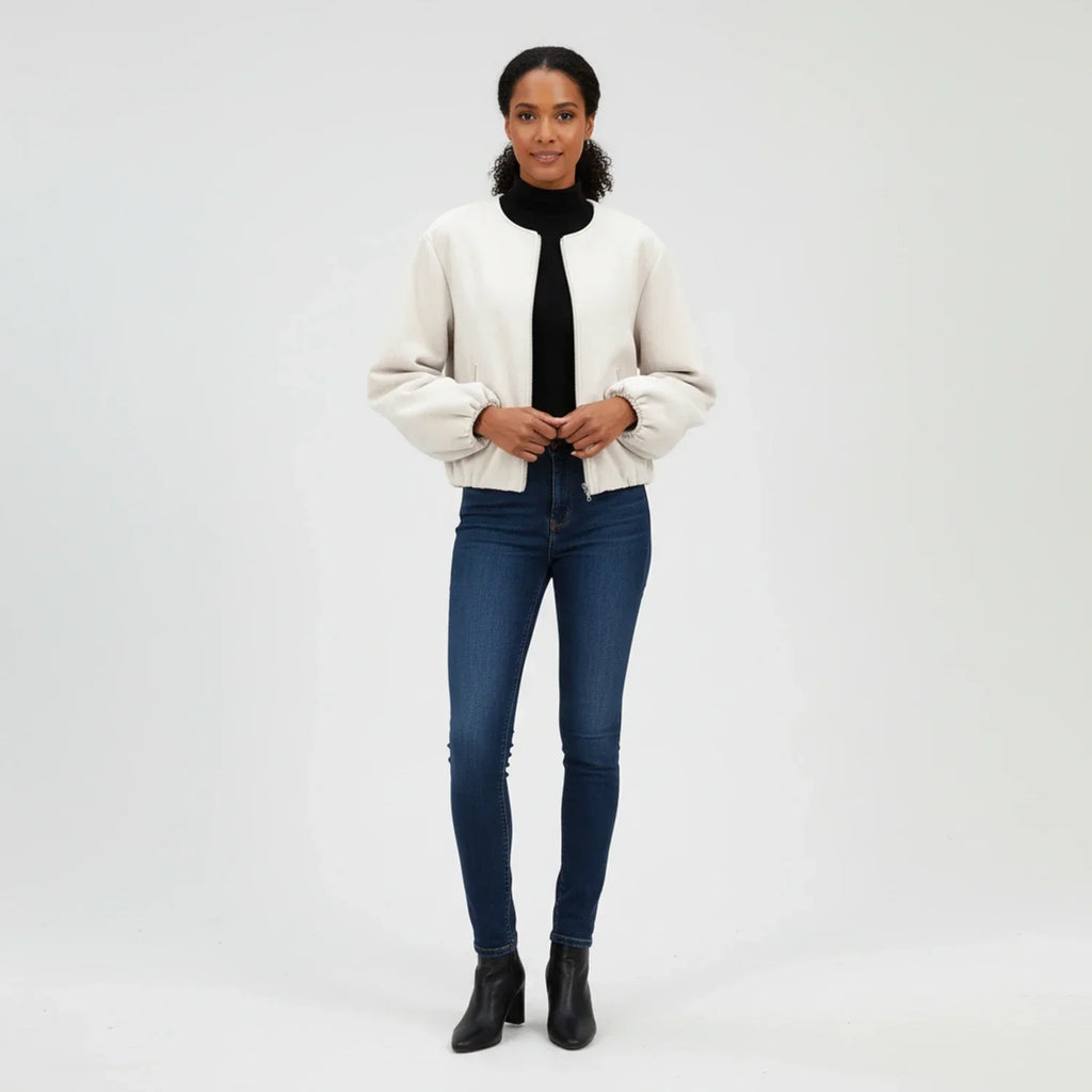Women's Bomber Jacket with Balloon Sleeves and Zip
