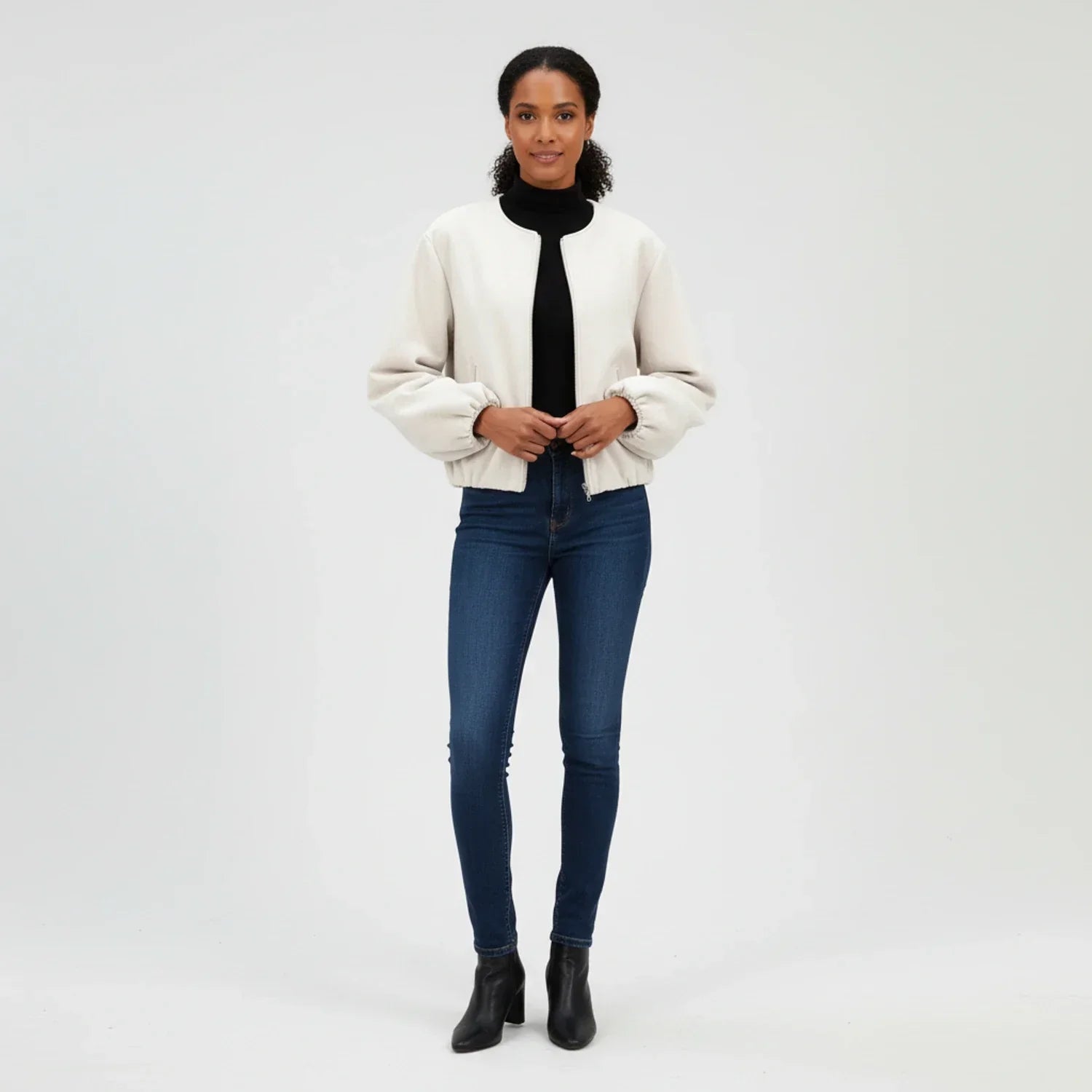 Women's Bomber Jacket with Balloon Sleeves and Zip