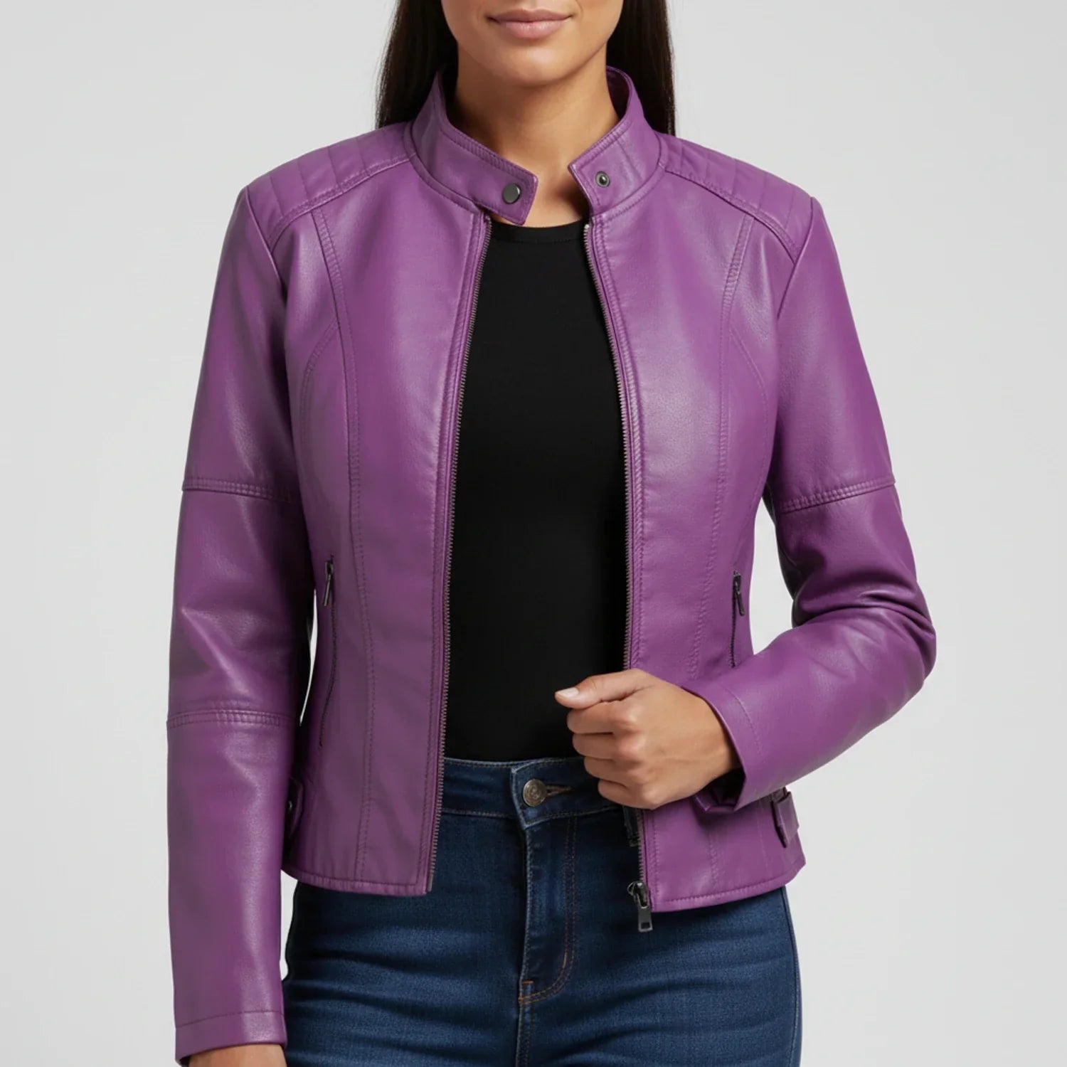 Women's Moto Biker Jacket with Zip Pockets