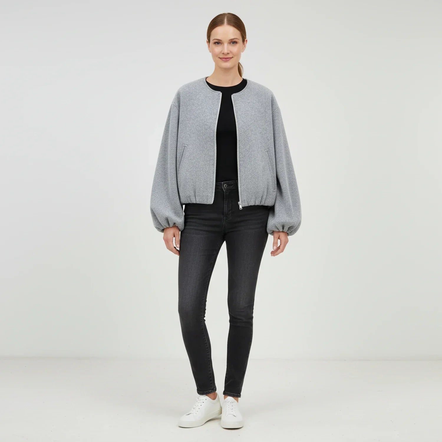 Women's Bomber Jacket with Balloon Sleeves and Zip