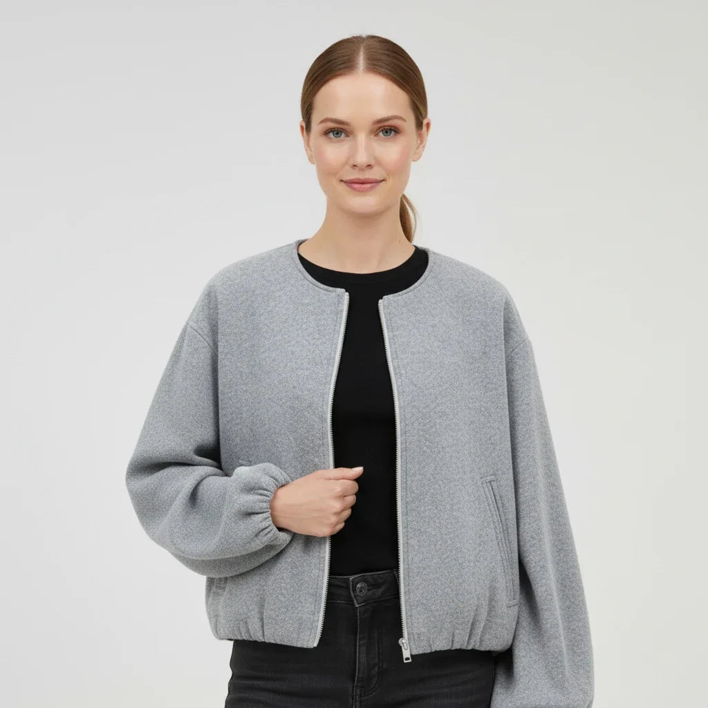 Women's Bomber Jacket with Balloon Sleeves and Zip