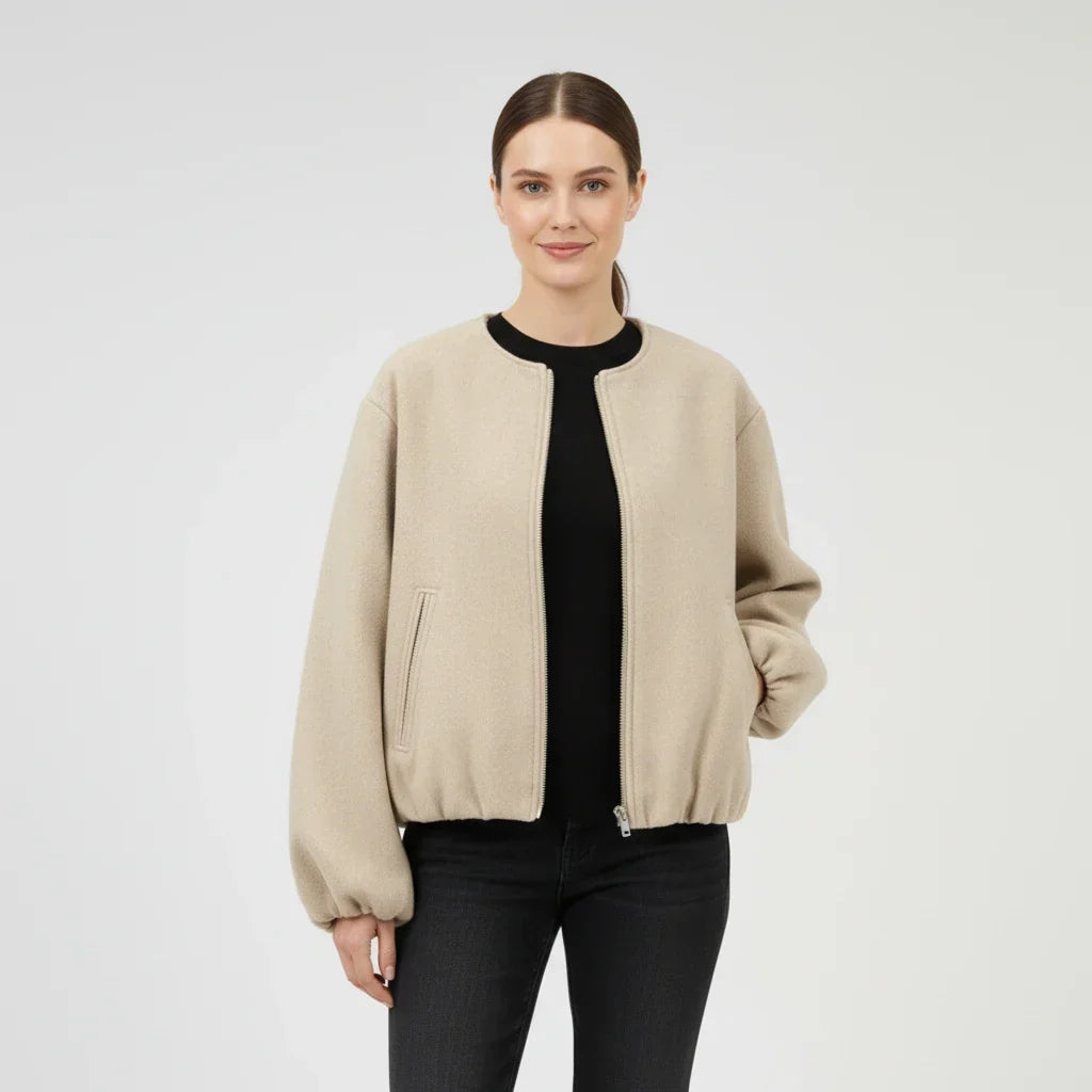 Women's Bomber Jacket with Balloon Sleeves and Zip