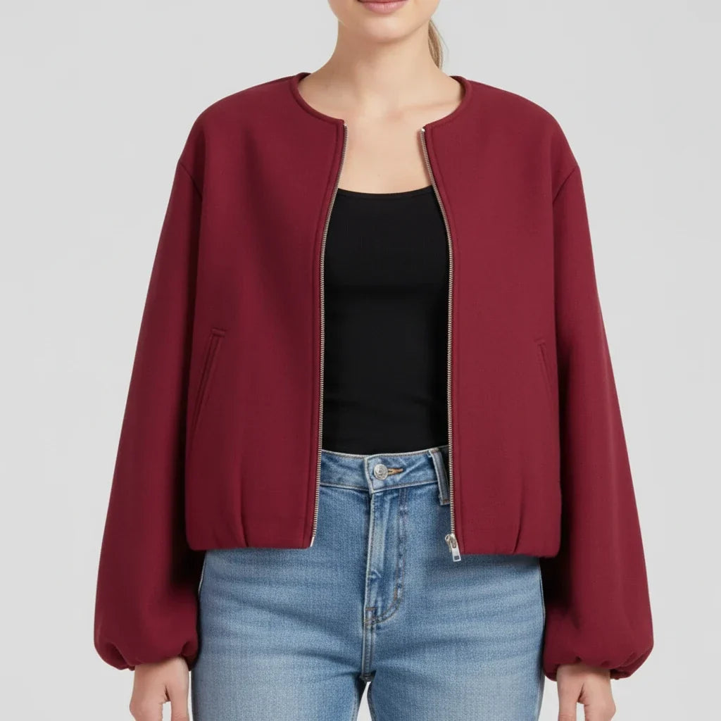 Women's Bomber Jacket with Balloon Sleeves and Zip