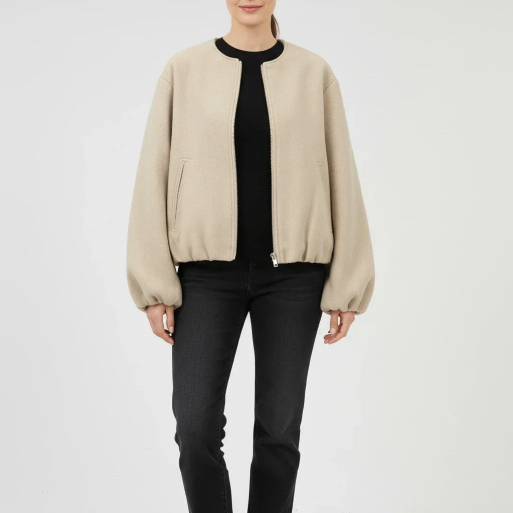 Women's Bomber Jacket with Balloon Sleeves and Zip