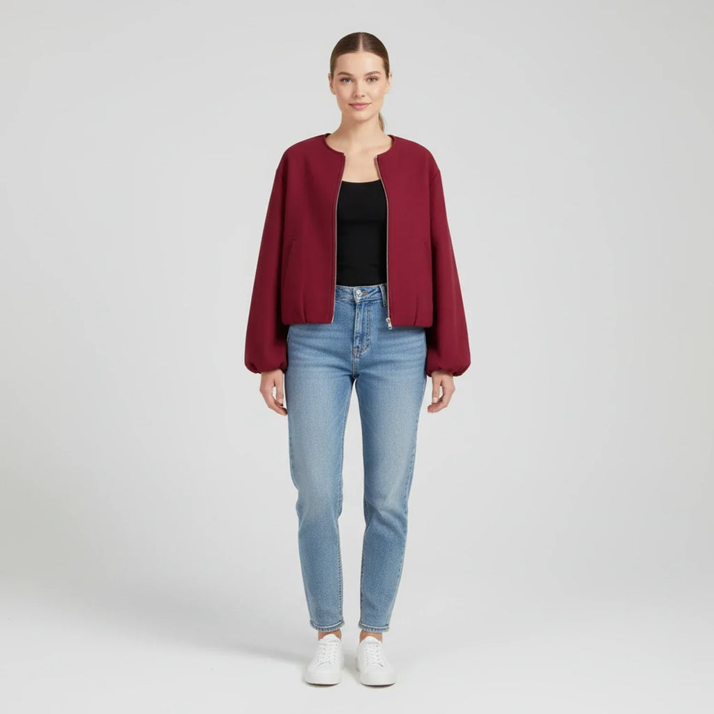 Women's Bomber Jacket with Balloon Sleeves and Zip