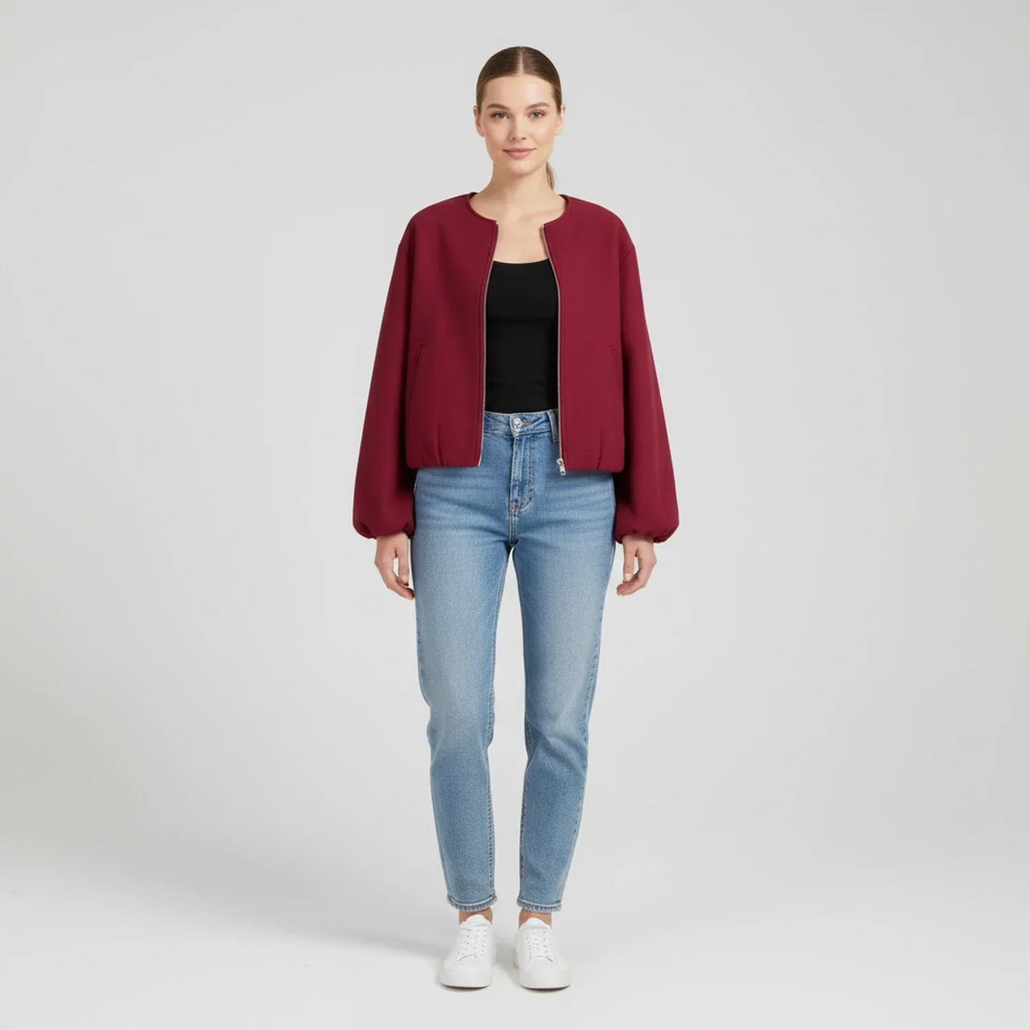 Women's Bomber Jacket with Balloon Sleeves and Zip