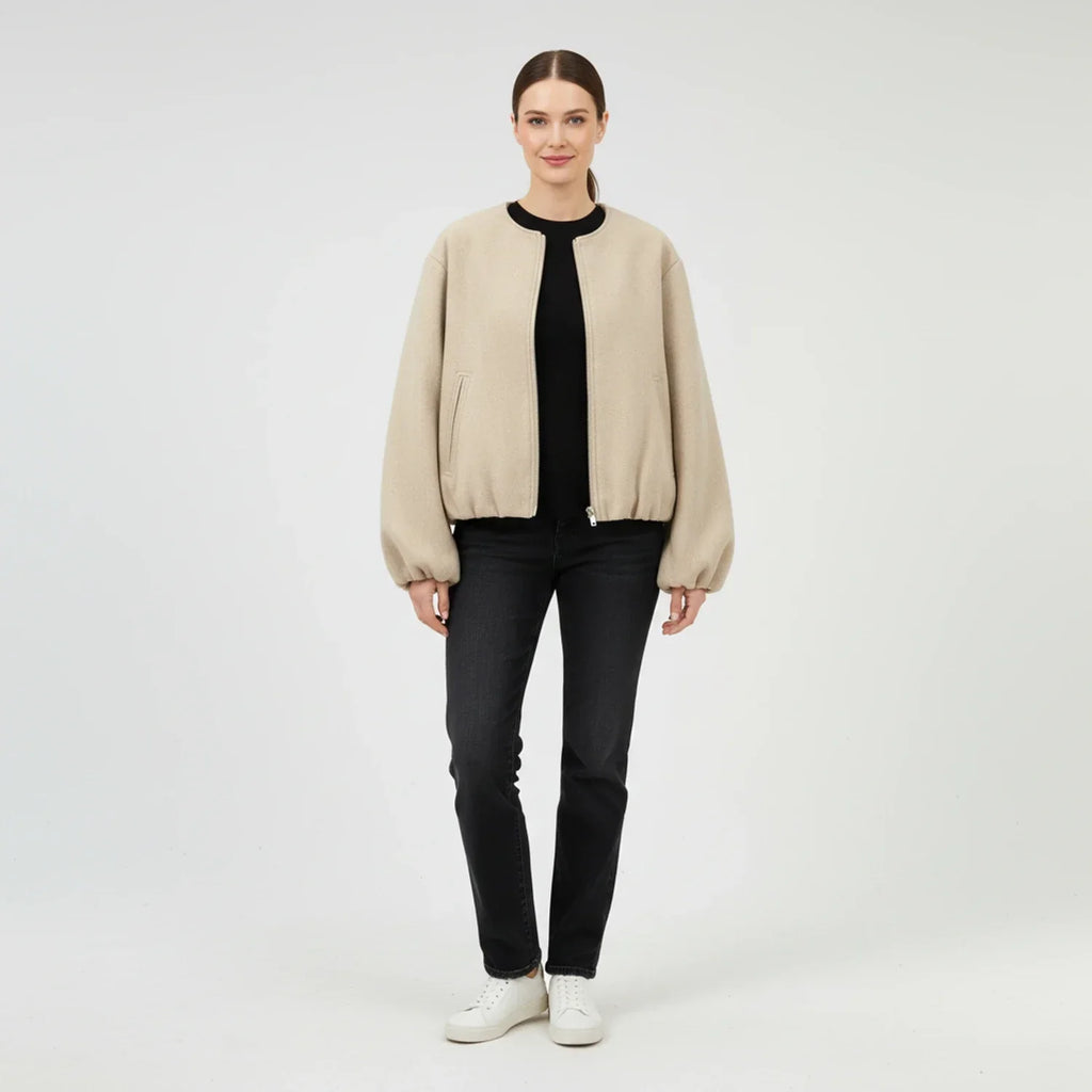 Women's Bomber Jacket with Balloon Sleeves and Zip