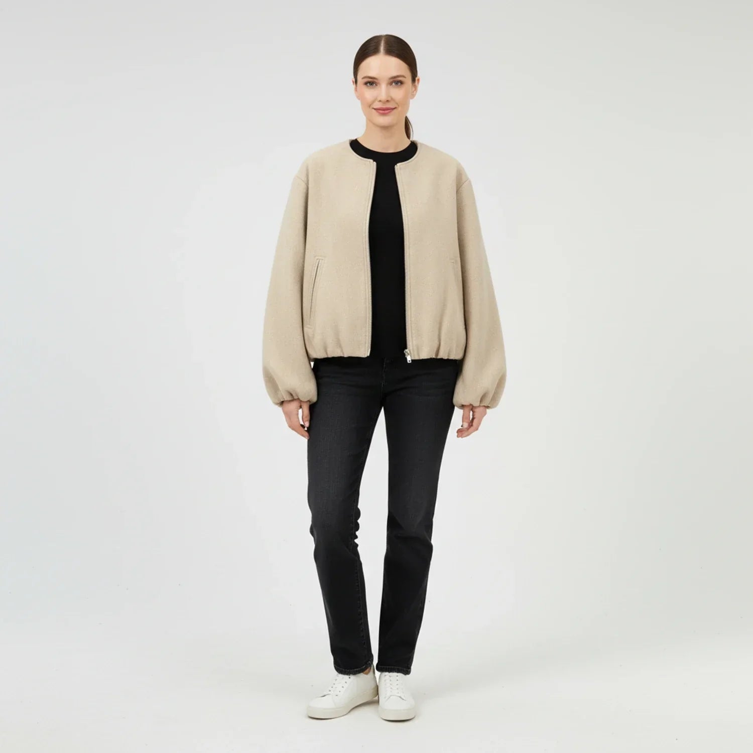 Women's Bomber Jacket with Balloon Sleeves and Zip