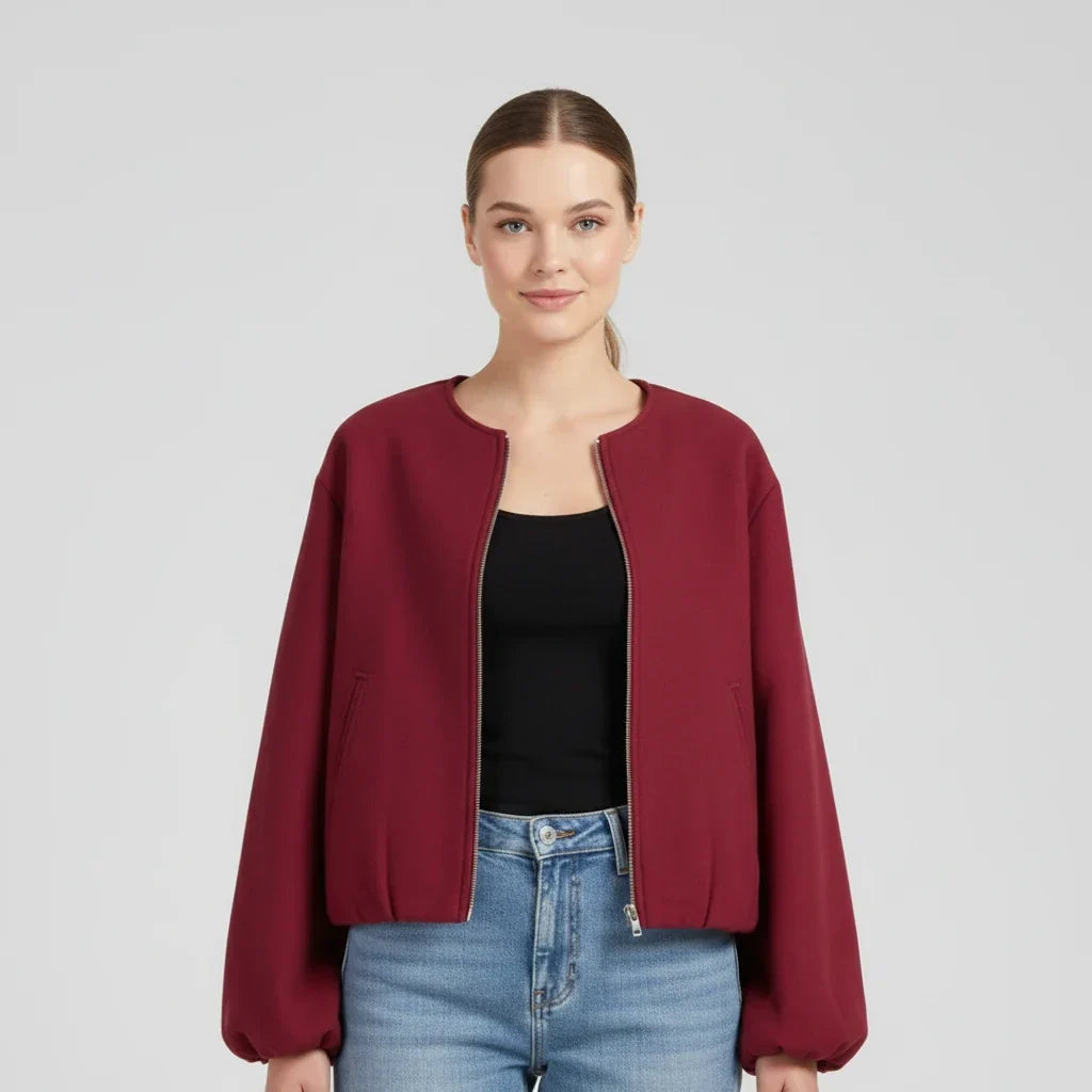 Women's Bomber Jacket with Balloon Sleeves and Zip