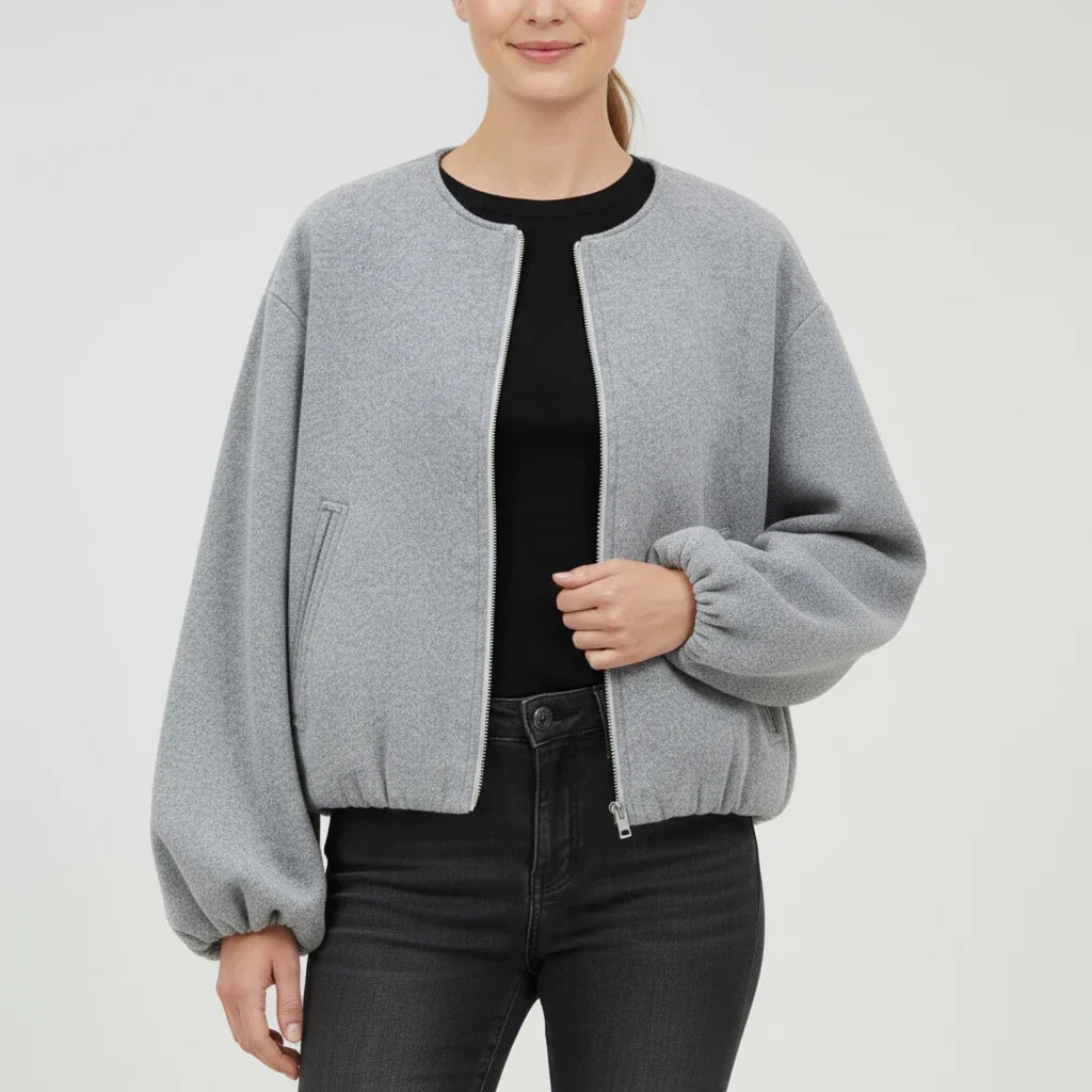 Women's Bomber Jacket with Balloon Sleeves and Zip