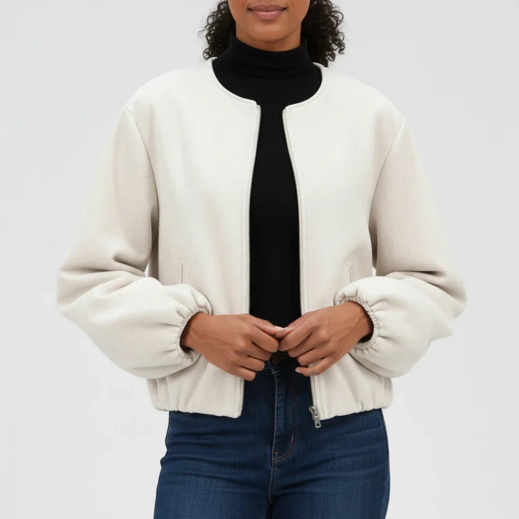 Women's Bomber Jacket with Balloon Sleeves and Zip
