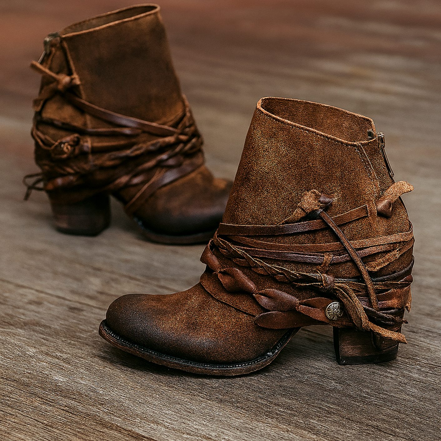 Victoria | Women's Boho Western Wrap-Strap Block-Heel Ankle Boots