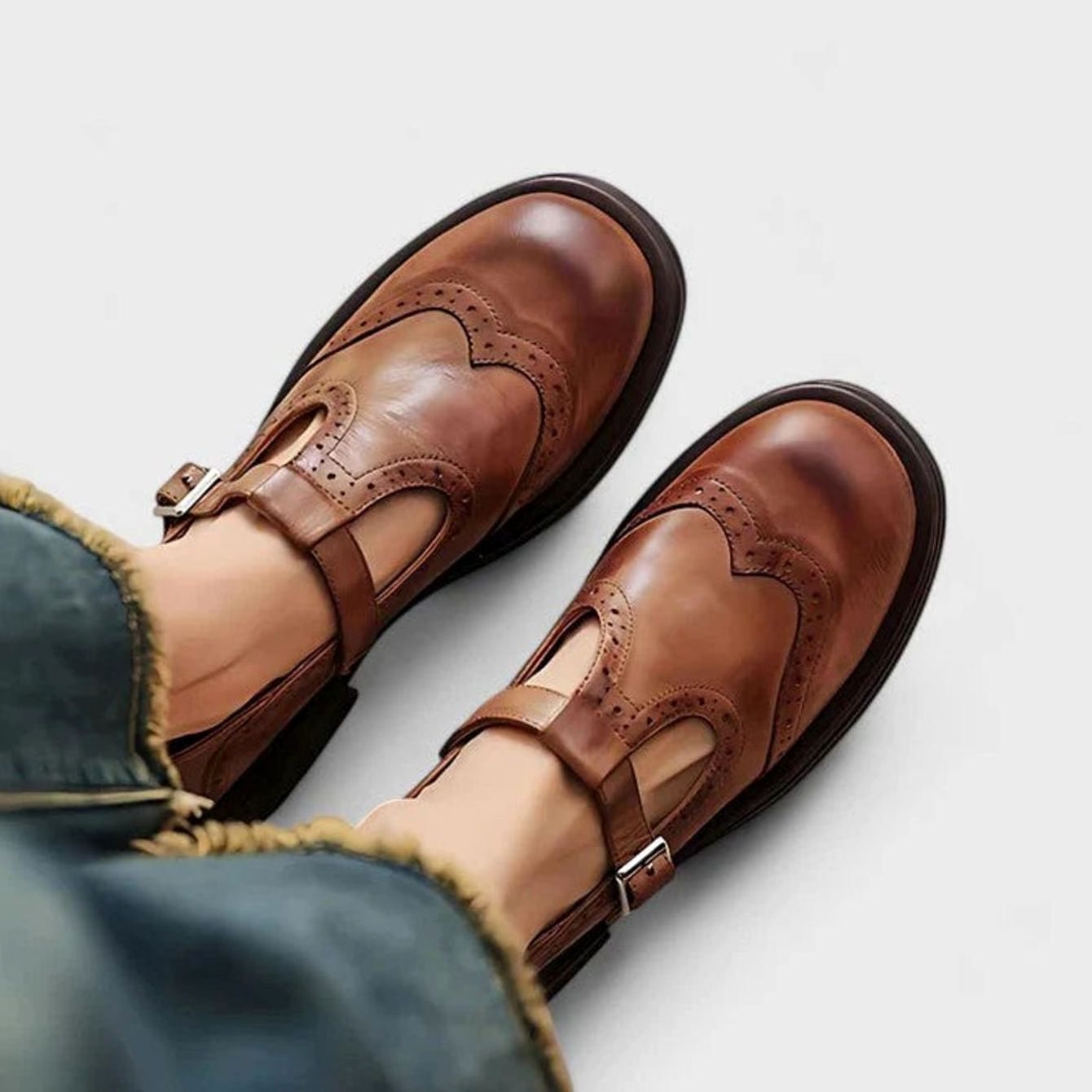 Mia | Women's Brogue Leather T-Strap Classic Boots